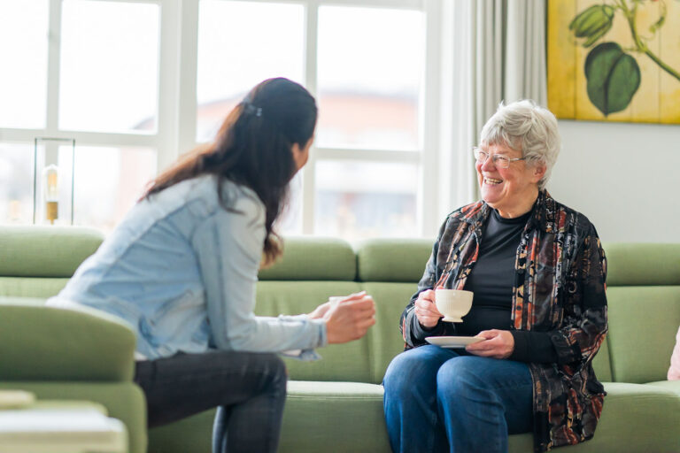Thuishulp in gesprek met oudere dame